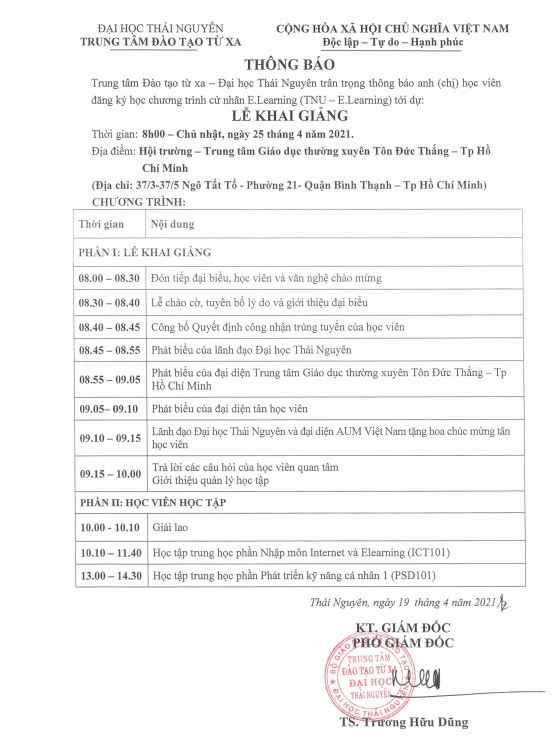 Thông Báo Lễ Khai Giảng Trung Tâm Đào Tạo Từ Xa - Đại Học Thái Nguyên tại Hồ Chí Minh Ngày 25/04/2021
