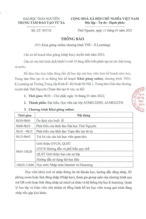Thông báo nhập học Online TNU Hà Nội ngày 16/01/2022