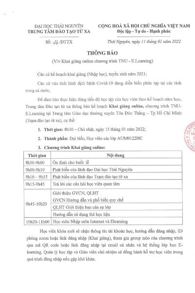 Thông báo nhập học Online TNU Hồ Chí Minh ngày 16/01/2022